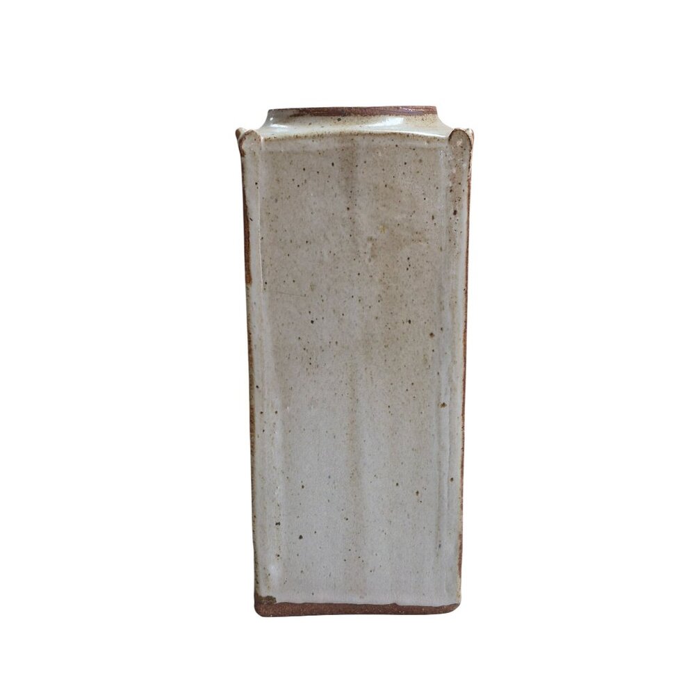 Heavy Stoneware Clay Urn Vase Rustic Floral Rectangular Brown & Beige Glaze - Picture 4 of 13